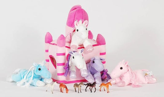 Pink Horse Castle with 5 Plush Horses and Bonus 5 Mini Horse Figures
