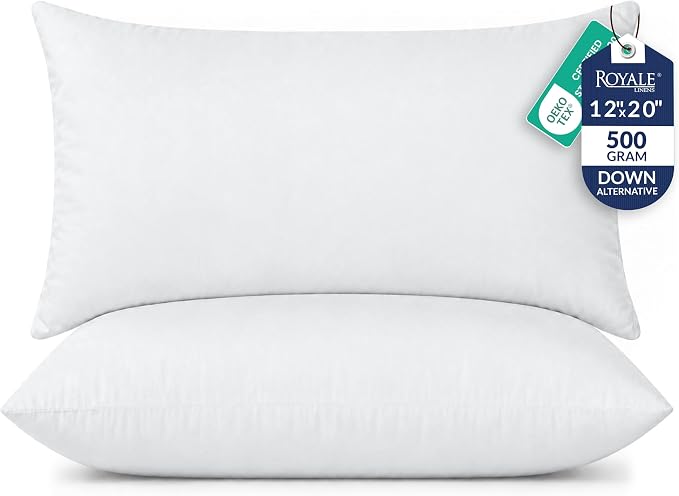 ROYALE LINENS 12x20 Pillow Insert - Down Alternative Throw Pillows Insert - Rectangle Pillow Pack of 2 White - Bed & Couch Pillows - Inner Cushion for Bed, Cushion for Living Room - Shams Stuffer