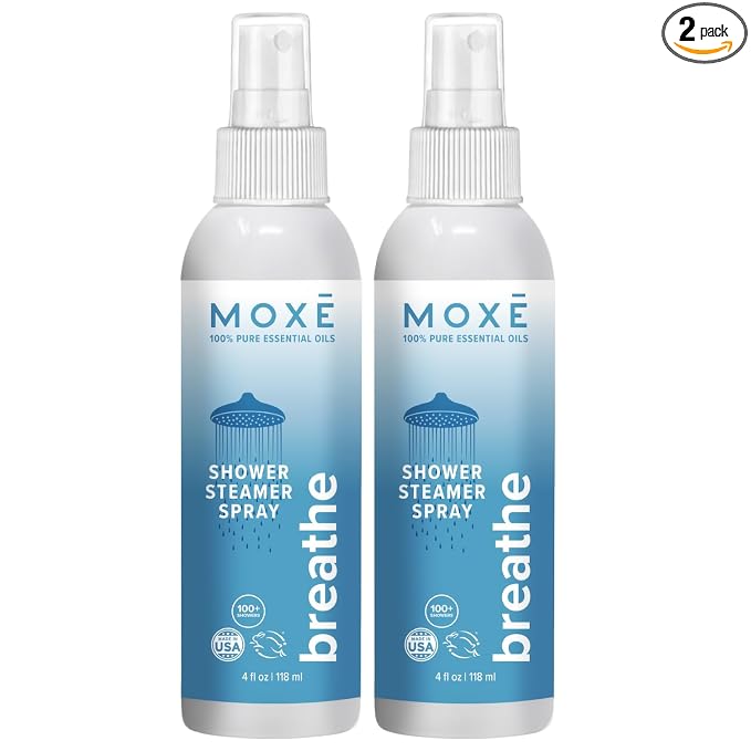 MOXE Shower Mist, Spa Steam Spray, Certified Natural Essential Oils, Aromatherapy, Tension Relief (Breathe, 4 Fl Oz (Pack of 2))