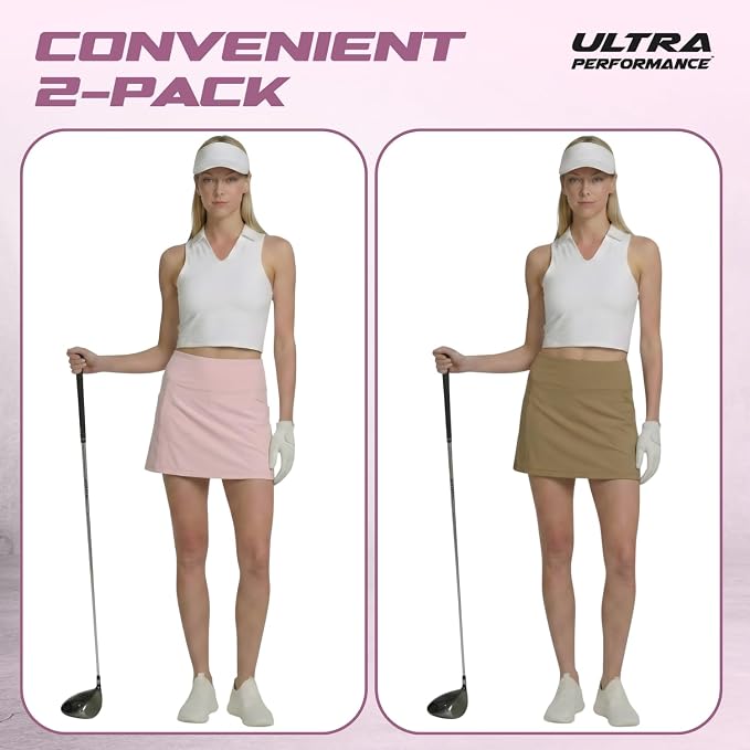 Ultra Performance Womens Golf Skirt 2 Pack Women’s Tennis Skort with Compression Liner Athletic Skirts for Women with Pockets