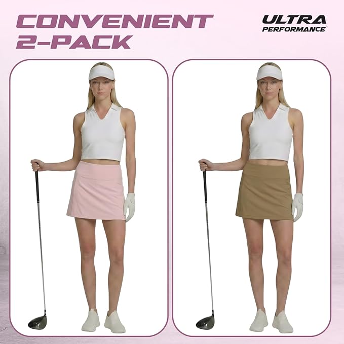 Ultra Performance Womens Golf Skirt 2 Pack Women’s Tennis Skort with Compression Liner Athletic Skirts for Women with Pockets