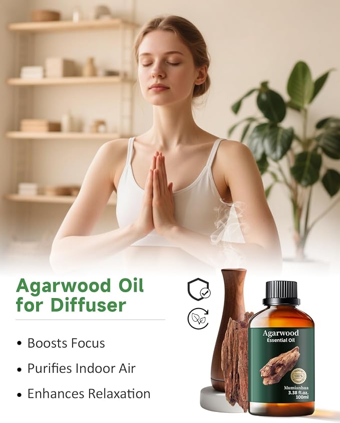 Agarwood Essential Oil, Pure Mumianhua Oud Oil for Meditation & Evening Grounding, Luxurious Woody Aroma for Diffuser, Perfume, Skin, Hair, Candle & Soap Making – 3.38 Fl Oz