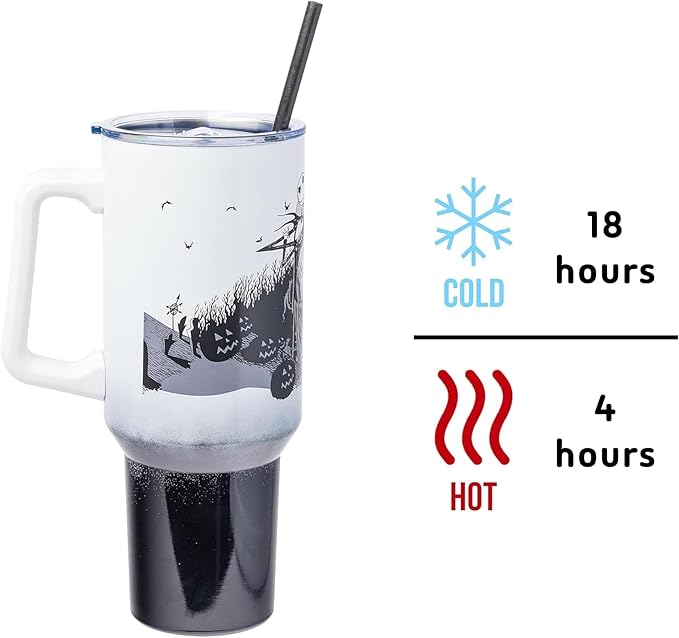 Silver Buffalo Disney Nightmare Before Christmas by Tim Burton Jack Skellington Hill and Moon Double Walled Stainless Steel Tumbler with Handle and Straw, Fits in Standard Cup Holder, 40 Ounces