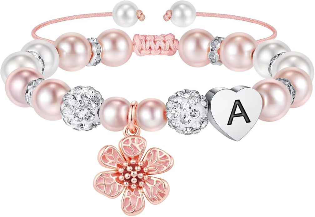 MONOOC Valentines Gifts for Kids Girls - Initial Flower Charm Bracelets for Girls, Adjustable Pearl and Rhinestone Beaded Bracelet Heart Initial Bracelets Jewelry for Flower Girl Gift Birthday Gifts