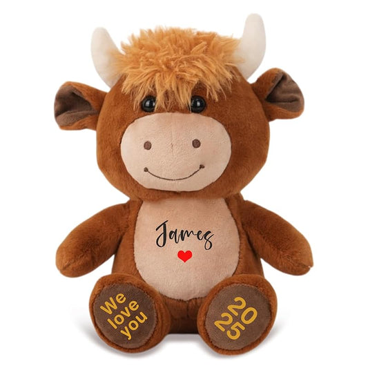 Personalized Highland Cow Stuffed Animal, Farm Cattle Plushie with Custom Name Date Message, Cute Scottish Highland Cows Gift for Baby Kids Adults Women (Brown Cow, 11 Inch)