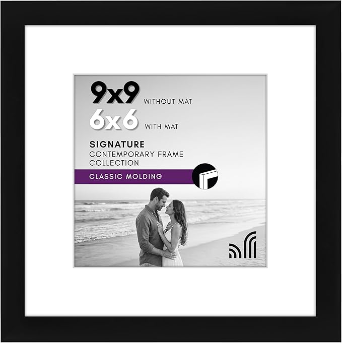Americanflat 9x9 Picture Frame - Matted to 6x6 - Engineered Wood - Black | Shatter-resistant glass, wall or tabletop display with included easel, sawtooth hangers included, use with or without mat