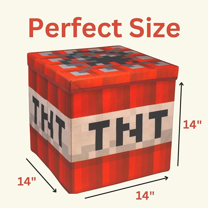 Large 14 x 14 Fabric Pixelated Box - TNT| Birthday Party Supplies | Storage Decoration and Prop, Big Birthday Box | Storage Bin Chest With Lid Gift Accessory (TNT Block)