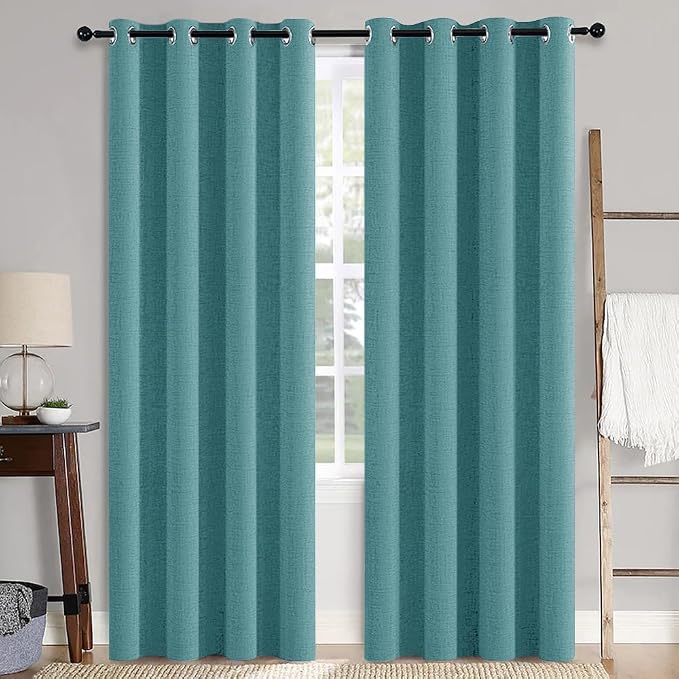 MIULEE 100% Blackout Linen Textured Curtains for Bedroom Solid Thermal Insulated Teal Grommet Room Darkening Curtains & Drapes Luxury Decor for Living Room 52 x 90 Inch (2 Panels)