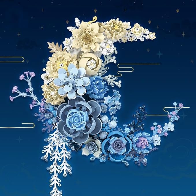 Blue Moon Flower Building Set, Botanical Collection Crescent-Shaped Artificial Flowers Building Blocks Kit Compatible with Lego for Adults or Kids Home Décor Wall Art Decoration
