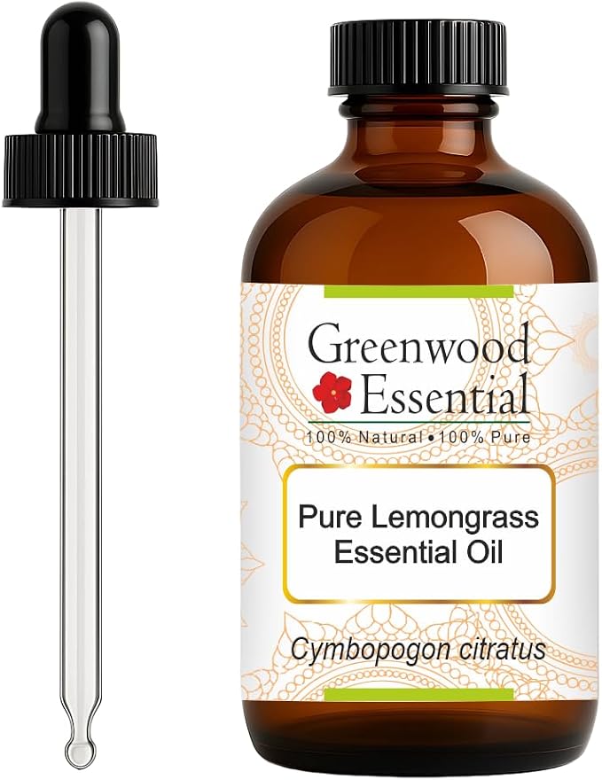 Greenwood Essential Lemongrass Essential Oil (Cymbopogon citratus) with Glass Dropper | Pure | Non-Sticky | Non-Greasy | Lightweight | Men & Women | All Skin Types | Steam Distilled 120ml (4 oz)