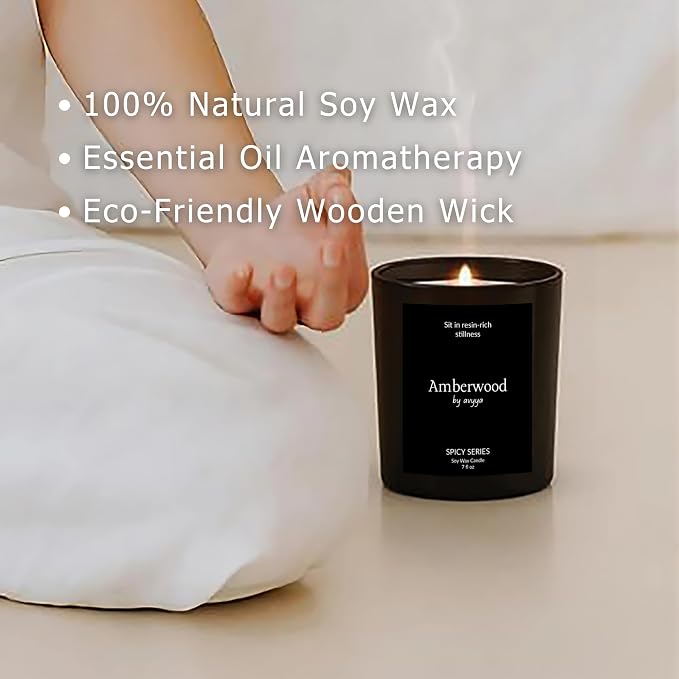 Spicy Series Soy Candle | 100% Natural Soy Wax, Essential Oil Aromatherapy | Eco-Friendly Wooden Wick and Reusable Jar | Carbon-Free | Handmade Gift Candle (Amberwood)