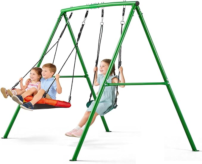 VEVOR Swing Set for Backyard, 32 in Saucer Swing Seat and Belt Seat, with Heavy Duty A-Frame Metal Stand, 440 lbs Load Capacity, Reinforced with Spiral Ground Anchors, Swingset Outdoor for Kids