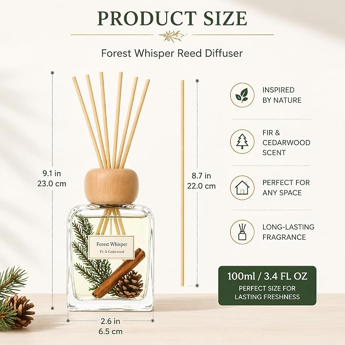 Fir Reed Diffuser, Woody Forest Home Fragrance for Bedroom Bathroom & Living Room, Long Lasting Essential Oil Diffuser Sticks up to 120 Days, Non Toxic Pet & Kid Friendly, IFRA Compliant, 3.4 FL OZ