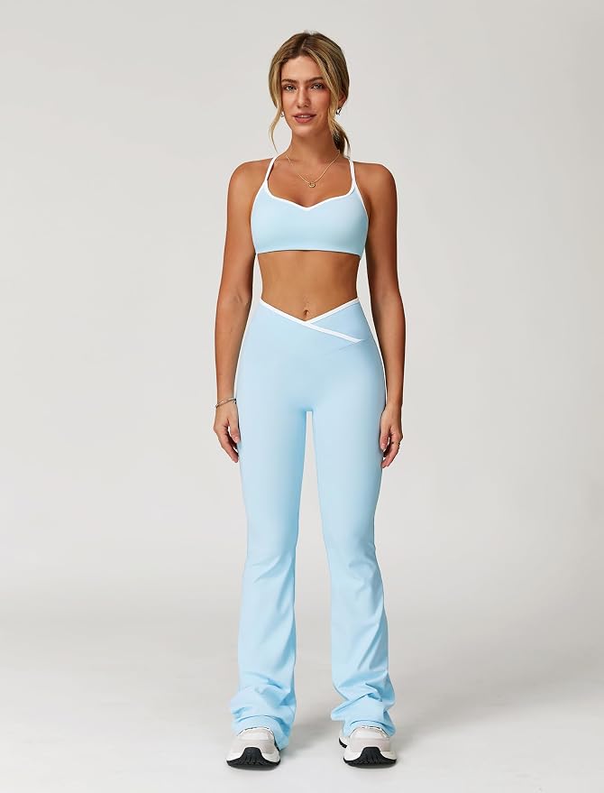 ABOCIW Workout Sets for Women 2 Piece Color Block Strappy Sports Bra High Waist Shorts Gym Yoga Pilates Outfits
