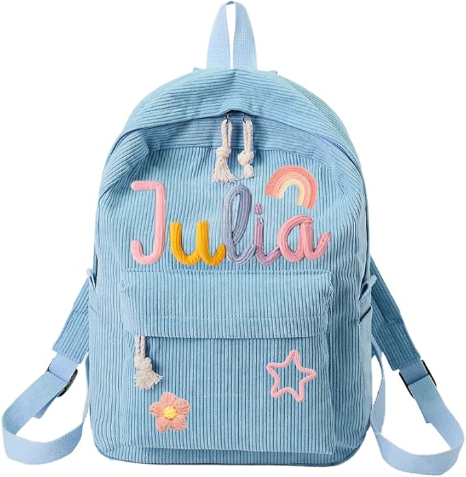 Generic Personalized Corduroy Backpack for School Girls & Boys, Custom Name School Bag with Cotton Rope Woven, Modern Daypack Backpack, 11in x 4.7in x 15.7in, Blue