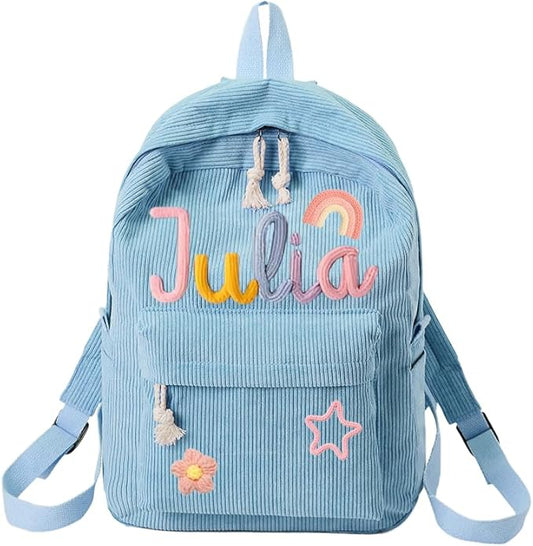 Generic Personalized Corduroy Backpack for School Girls & Boys, Custom Name School Bag with Cotton Rope Woven, Modern Daypack Backpack, 11in x 4.7in x 15.7in, Blue