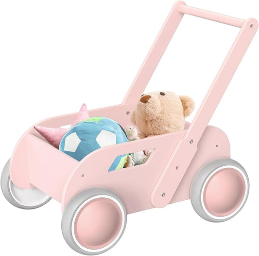 HOMEKOL Wooden Baby Push Walker, Pink | Adjustable Height, with Rubber Wheels, for Boys and Girls, Gift for Birthday, Christmas and New Year