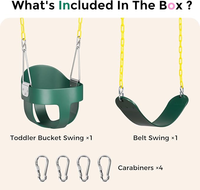 DECORLIFE Toddler Swing Set, High Back Full Bucket Swing with Heavy Duty Swing Seat Combo Pack, 330lb Capacity for Kids Adults, Plastic-Coated Chains and Quick-Snap Carabiners for Backyard, Playground