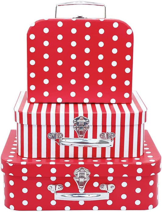 Paperboard Suitcases Set of 3 Decorative Storage Boxes With Lids, Red Gift Boxes With Lids, Nesting Gift Boxes for Disney Toys Barbie Doll Kids, Christmas or New Year Decoration