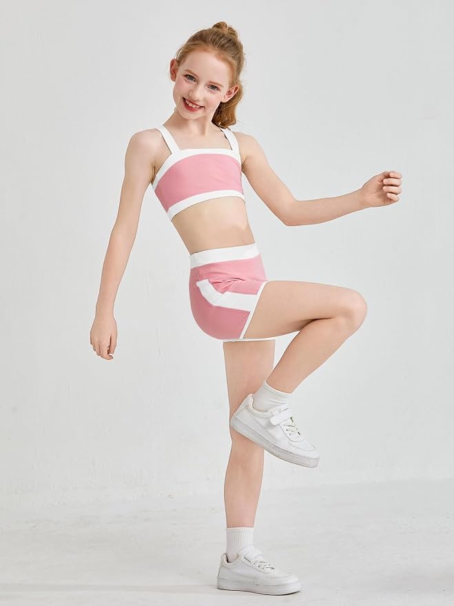 Haloumoning Girls 2 Piece Outfits Athletic Color Block Training Bra and High Waisted Shorts Clothing Sets 5-14Y