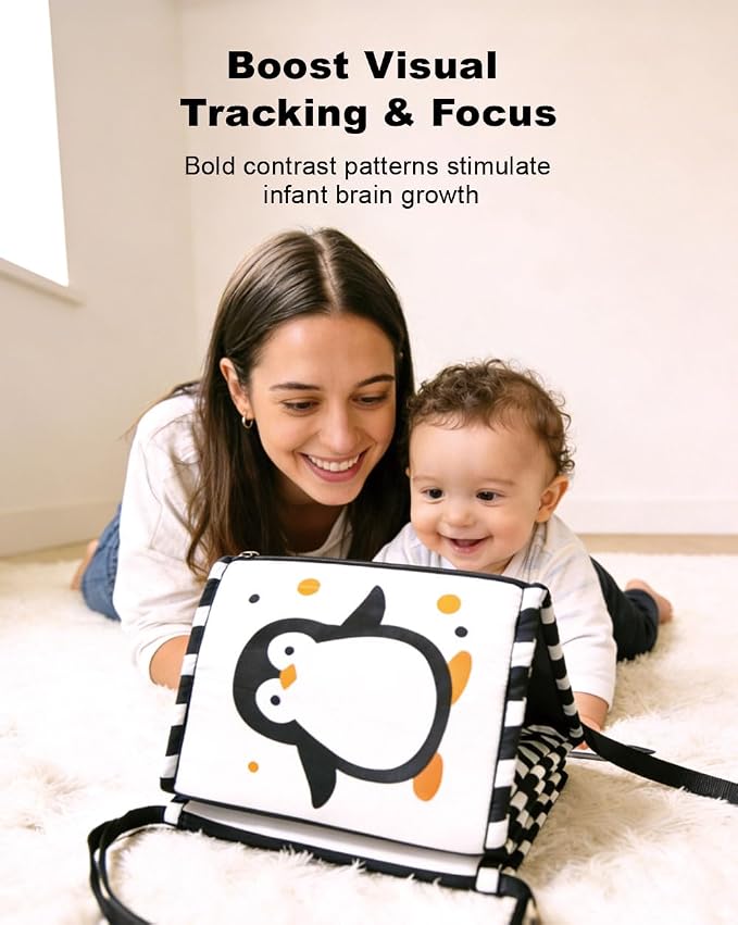 Aila+Aiden Baby Toys, Tummy Time High Contrast Newborn Toys 0-3 Months, Soft Cloth Foldable Baby Book, Visual Stimulation Montessori Sensory Infant Baby Book (Black White and Colorful)