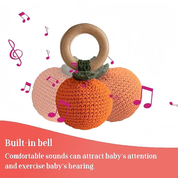 Wooden Baby Rattle Toys Stuffed Crochet Rattle with Teether Ring for Newborn Babies Fruit Wooden Teether Toy Infant Toddler Handcrafted Crochet Rattles Cute Shower Gifts for Boy and Girls