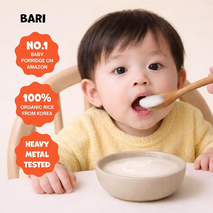 BARI Organic Baby Rice Porridge – Stage 1 – First Food for Babies 4+ Months | USDA Organic, Heavy Metal Tested, Korean Rice Cereal, No Added Sugar, Gluten-Free | 4.2 oz (10 Packets)