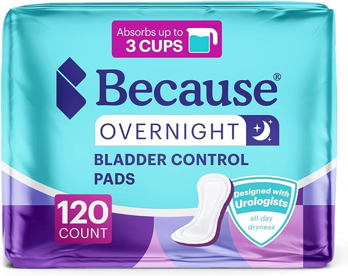 Because Overnight Incontinence Pads for Women – Moderate-to-Heavy Absorbency for Nighttime Use, Long-Length Protection, 120 Count, New Version
