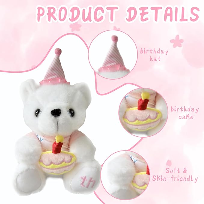 Happy Birthday Teddy Bear, Happy Birthday Stuffed Animal with Box, Adorable Bear with Cake Plush Gifts for Boys and Girls, Party Decorations Gift for 4-9 Years Kids(Pink)