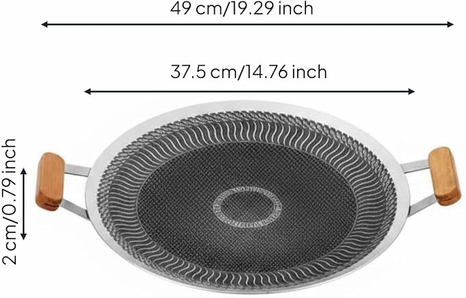 Korean Barbecue Pan Coating Round Stainless Steel Griddle Easy to Clean double Handle Grilling Pan for Camping, Outdoor, 38CM, Wood Handle