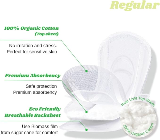 Livlit Regular Size Ultra Thin Sanitary Pads, 100% Organic Cotton from Texas, Powerful Leak Protection, Unscented, Chlorine Free and Absorbency of Feminine Periods, Pads for Women (14 Count)