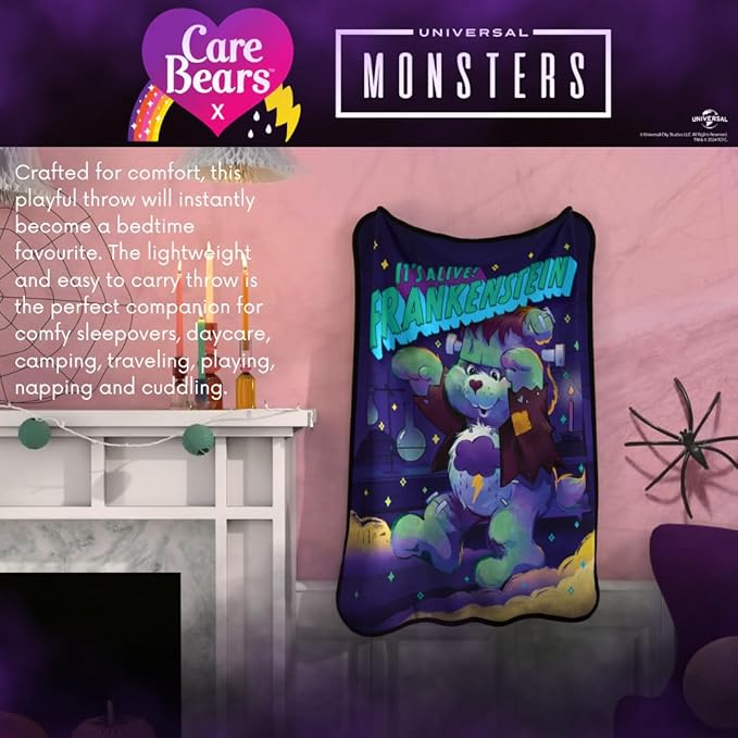 Care Bears X Universal Monsters Frankenstein Bedding Super Soft Plush Throw, 46 in x 60 in, (Officially Licensed Product) by Franco Collectibles