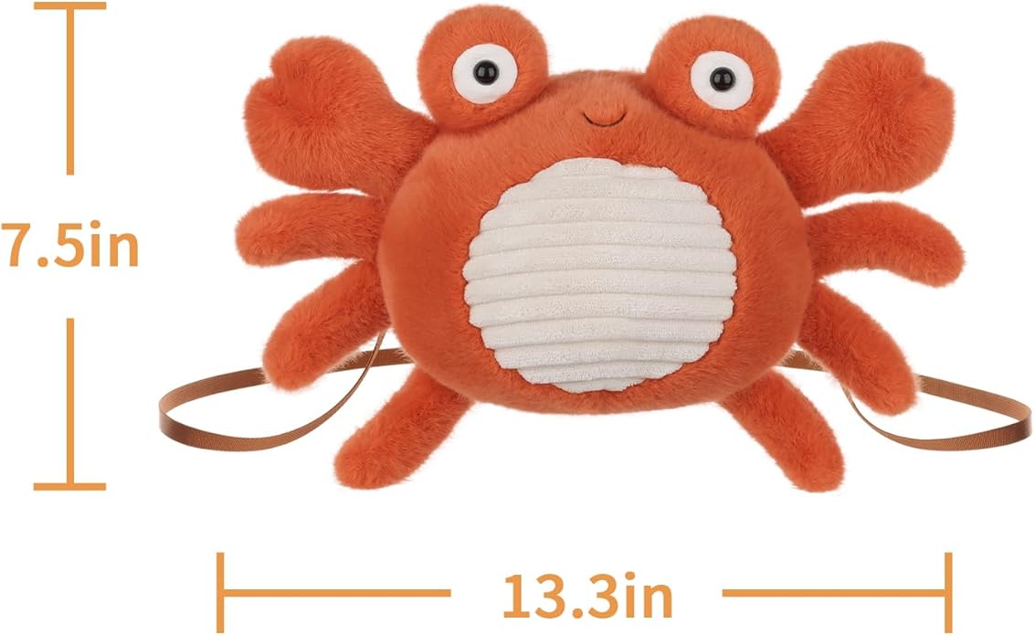 Apricot Lamb Happy Crab Shoulder Bag Shaped Crossbody Plush Shoulder Bag for Kids, Teen Girls Boys, Stuffed Animal Purse, Kids Fashion Handbags, 7.9 Inches