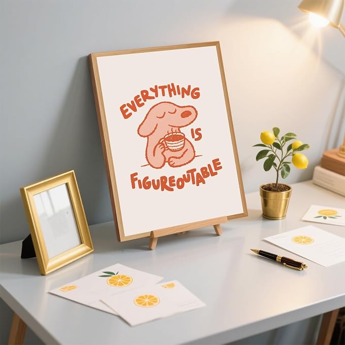 Everything Is Figureoutable Motivational Poster Cute Dog Positive Quote Inspirational Wall Art Funny Cartoon Mental Health Coffee Canvas Print for Kids Room Home Decor 16x24inch Wooden Framed