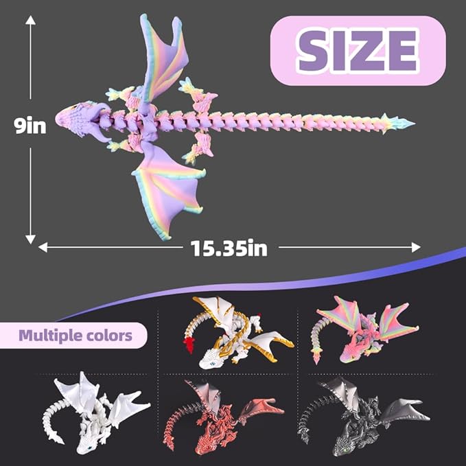 3D Printed Dragon with Wings,3D Printed Animals Toys, Fidget Dragon Toys, Flexible Articulated Winged Crystal Dragon Model,Desktop Pet Deco (Matte-Rainbow)