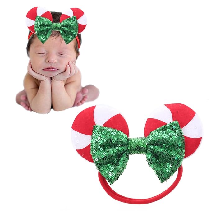 JIAHANG Christmas Mouse Ear Nylon Headband with Sequin Bow and Lollipop Pattern, Red Soft Elastic Hair Bow Hair Band, Party Headwear for Baby Girls