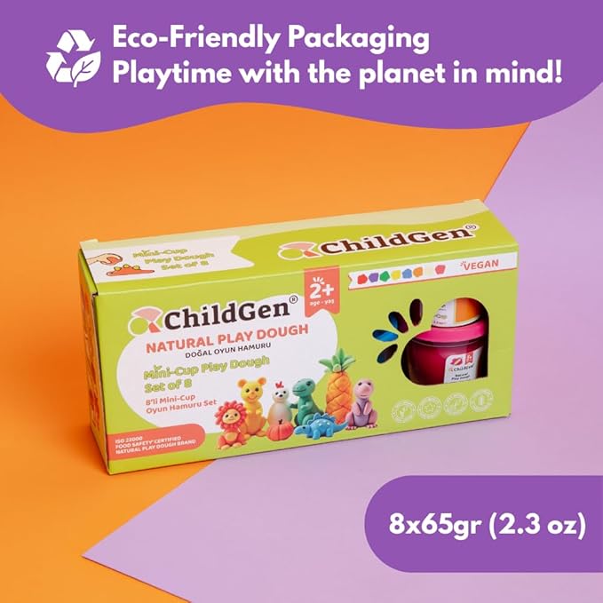 ChildGen Mini Cup Play Dough Set – 8 Pack, Non-Toxic, Natural Sensory Dough for Kids & Toddlers – Montessori Creative Play, Fine Motor Skills, Travel-Friendly Craft Set