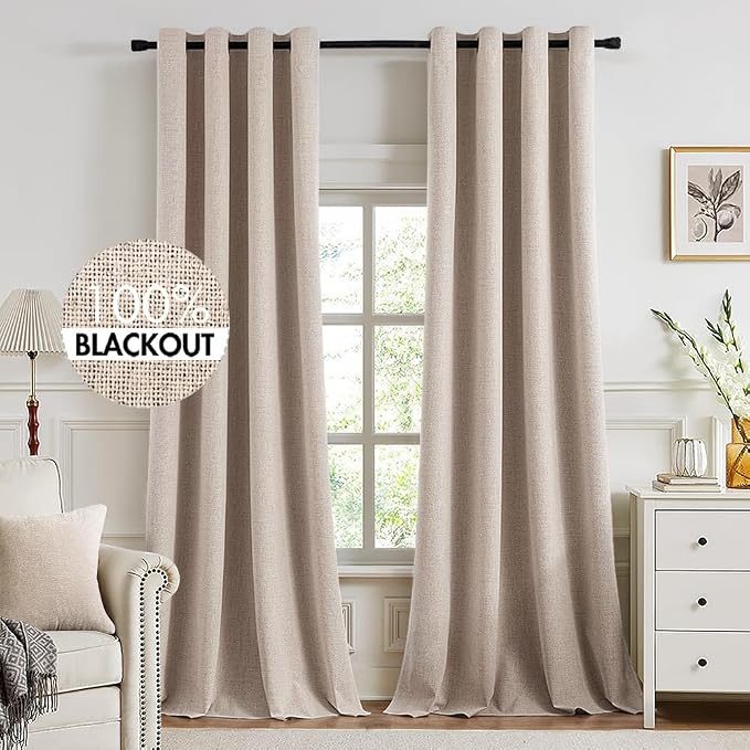 MIULEE 100% Blackout Linen Textured Curtains for Bedroom 102 Inches Extra Long Thermal Insulated Natural Beige Grommet Room Darkening Curtains & Drapes Luxury for Living Room (2 Panels)