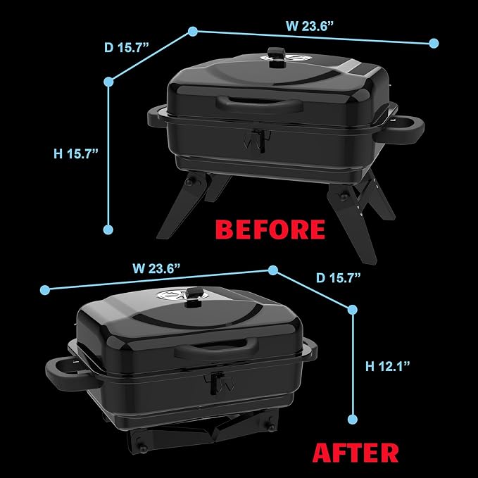 BBQCuker Portable Charcoal Grill with Warming Rack, Small Tabletop Barbecue Grill, Foldable Legs, Adjustable Vent, Total 343 Sq. In.Cooking Space, Outdoor BBQ Grill for Camping and Picnics (Black)