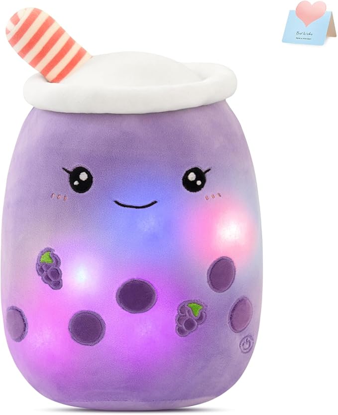 Athoinsu Light Up Purple Boba Bubble Tea Cup Pillow, 10 inch Kawaii Plushies with Colorful LED Lights, Cute & Squishy Glow Pillows, Soft Plush Stuffed Toys for Kids,Girls,Boys (Purple, Small)