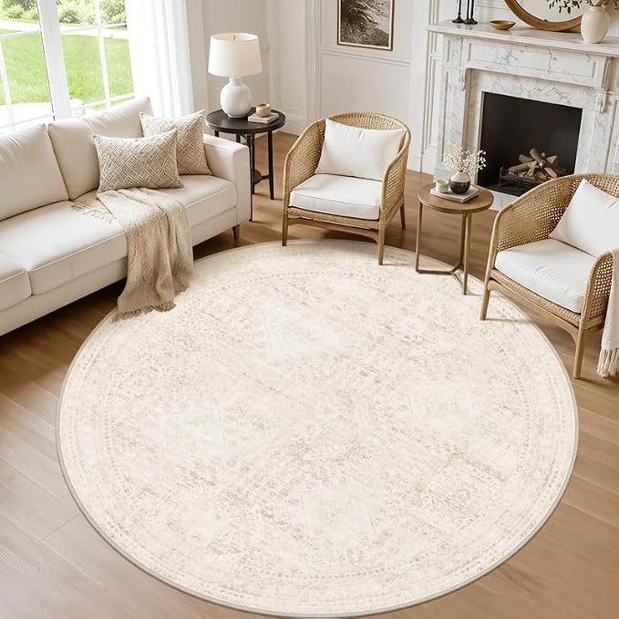 Round Area Rug for Living Room: 6ft Vintage Boho Neutral Washable Circle Rug Soft Large Circular Carpet for Bedroom Nursery Farmhouse Dining Room Office Floor Non-Slip Low Pile Under Table Rug Beige
