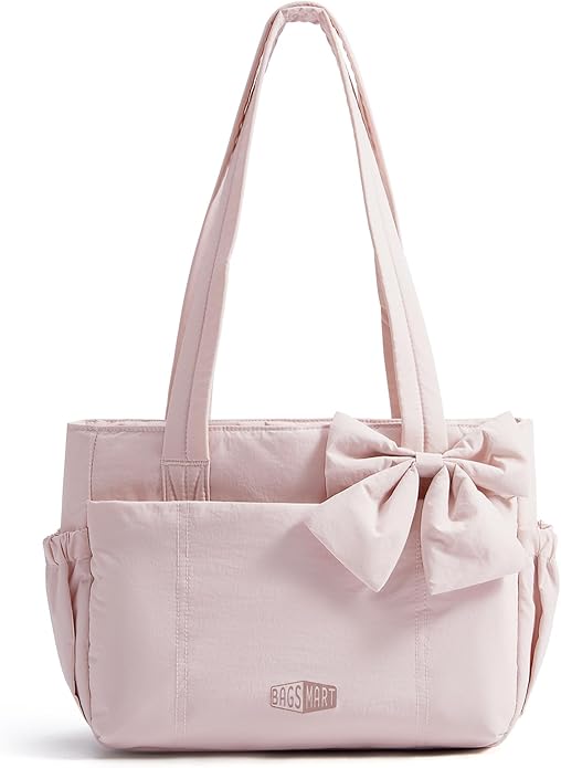 BAGSMART Crush Bow Tote Bag for Women, Puffer Travel Work Yoga Laptop Bag | Large Bow Tote Fits 40oz Tumbler, 15.6" Laptop, Yoga Mat Sleeve, Waterproof Pocket, Travel Work Swim Gym Mom Shoulder Handbag