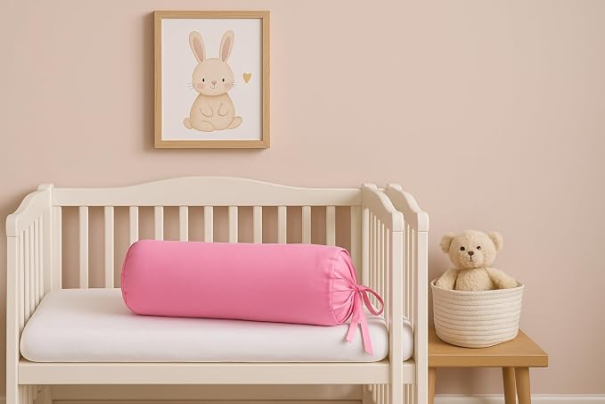 Cylindrical Pillow Bolster Cover Cervical Neck Roll Cotton Pillowcase with Drawstring Closure Neck Cushion Cover 6" x 18" (15 x 45 cm) Baby Pink