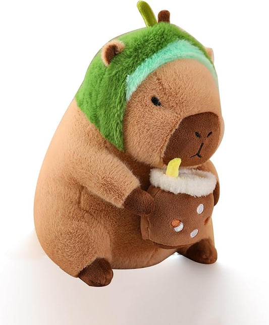 Capybara Plush Toy Stuffed, 11.8inch Capybara Plush Office Decor with Avocado Headscarf, Unique Capybara Stuffed Animals Sculpture Statue Home Office Decor Birthday Gifts for Kids Girls Boys