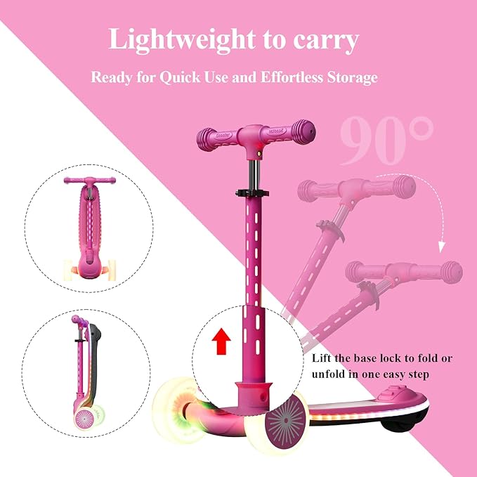 Kids Scooter, 3 Wheel Kick Scooter for Toddlers with Light Up Wheels, Lean-to-Steer Design, Adjustable Height Handlebar, Anti-Slip Deck, Ages 2–8