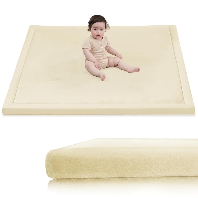 Baby Play Mat for Floor,1.3" Thick Memory Foam Tummy Time Mat,Soft Coral Velvet Nursery Rug,Extra Large Non Slip Crawling Mats for Living Room(Vanilla)