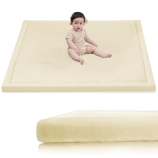 Huloo Sleep Ultra Soft Baby Play Mat for Floor,1.3" Thick Elasti-Foam 50x50 Playpen Mat for Toddlers Infant kids,Non-Slip Backing Safe for Crawling&Tummy Time,Tatami Style (Vanilla)