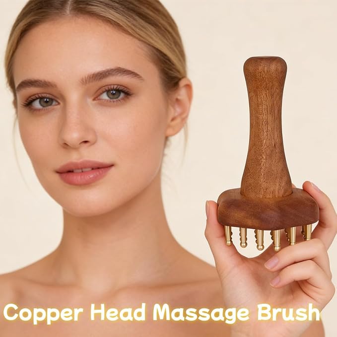 24teeth Copper Head Massage Comb for Body and Scalp Meridian Point Massager Brush for Body and Scalp Relief Body Massage Brush for Cellulite Remover Chinese SPA Gua Sha Tool Wooden Handle