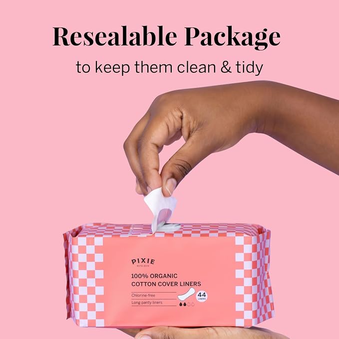 Pixie Organic Cotton Panty Liners for Women - Long Wrapped Pantiliners - Light Absorbency & Ultra-Thin - Leak-Proof, Hypoallergenic & Unscented for Feminine Care - Compostable - 44 Count