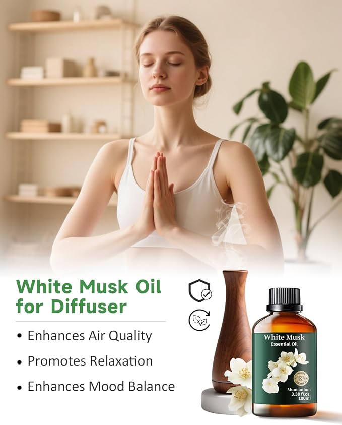 White Musk Fragrance Oil, Soft Scent, Diffuser & DIY, 3.38 Fl Oz | Mumianhua White Musk Oil., Musky Aroma. For Reed Diffuser, Perfume, Skin, Hair & Candle Making